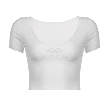 2024 New Summer Style Short Color V-Neck Lace Splicing Bowknot Slim Fashion Short-Sleeved T-Shirt